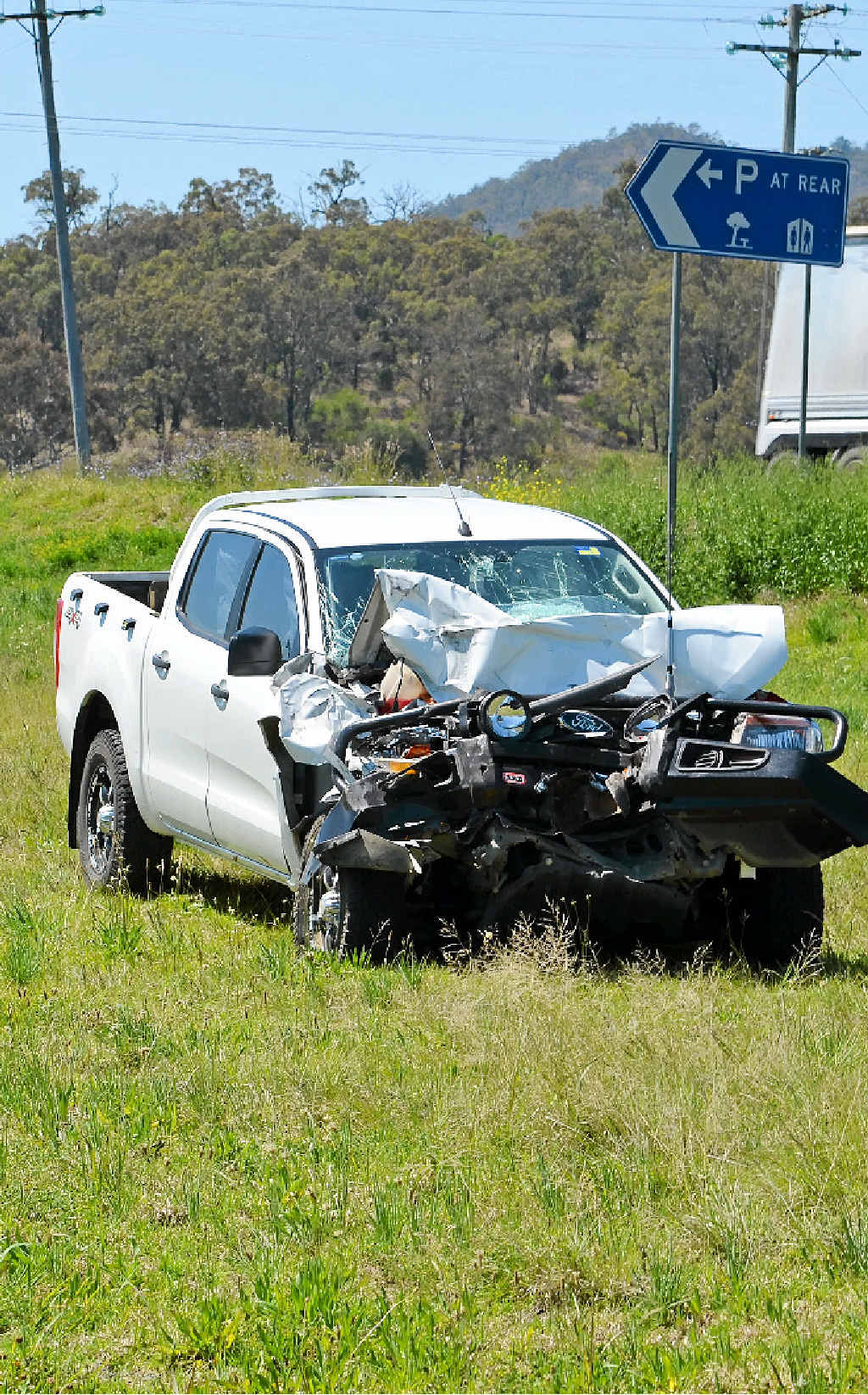 HIGHWAY SMASH: The driver of this white utility was lucky to escape injury after a two-car smash on the Cunningham Hwy at Gladfield. HIGHWAY SMASH: The driver of this white utility was lucky to escape injury after a two-car smash on the Cunningham Hwy at Gladfield.